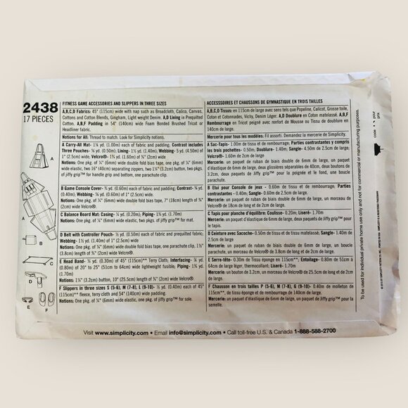 Simplicity Sewing Pattern 2438 Fitness Game Accessories & Slippers - Picture 2 of 2
